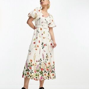 LIKE new & Other Stories linen puff sleeve belted midaxi dress in floral print